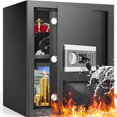 43L 金庫 家庭用 耐火 耐水バッグ付き 大型 業務用 防犯金庫 テンキー式 キーロック式 アラーム付き 重厚 床・壁に固定可能 ホテル 事務所 店に 盗難防止 日本語説明書 ブラック 38*31*45cm