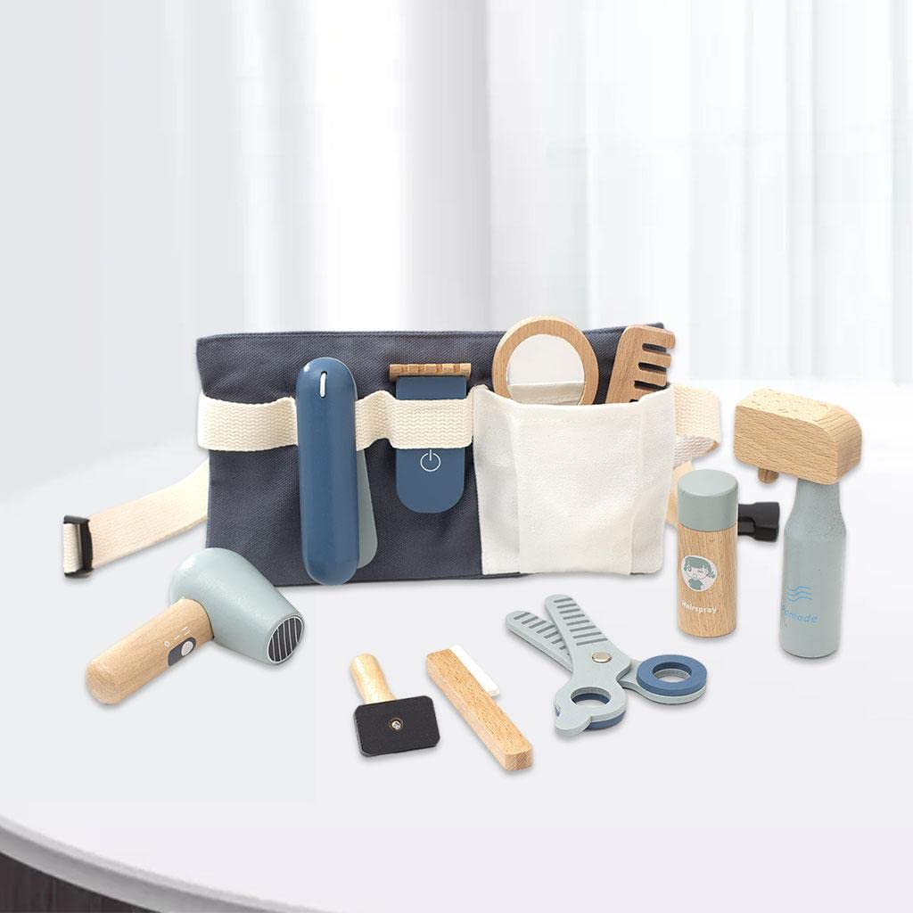 Kit da Salone di Bellezza/Parrucchiere di Simulazione con 11 Strumenti per Lo Styling, Asciugacapelli in Legno, Specchio E Astuccio per Cosmetici, Kit da Salone