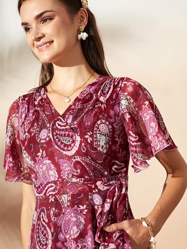 Image of Miss Chase Women's Floral V-Neck Flutter Sleeve Wrap Chiffon Maxi Dress