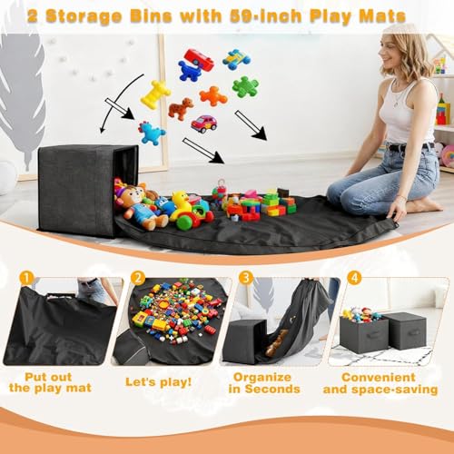 Image of 42.9'' Stuffed Animal Storage with Kids Bookshelf, Large Toy Storage with Toy Chest and Play Mat, Wooden Organization with 2 Movable Drawers, 3 Tier Bookshelf for Nursery Kids Room Playroom,Pink