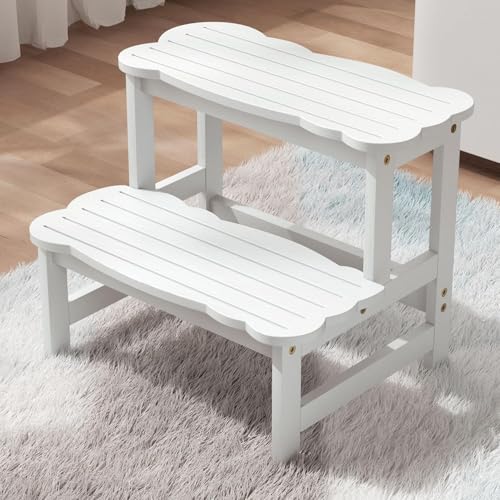 COSYLAND Step Stool for Toddlers – Two Step Stools Toddler 300 lbs Capacity with Safety Non-Slip Design, Bamboo Step Stool for Bathroom, Kitchen Dual Height Step Stools for Kids White
