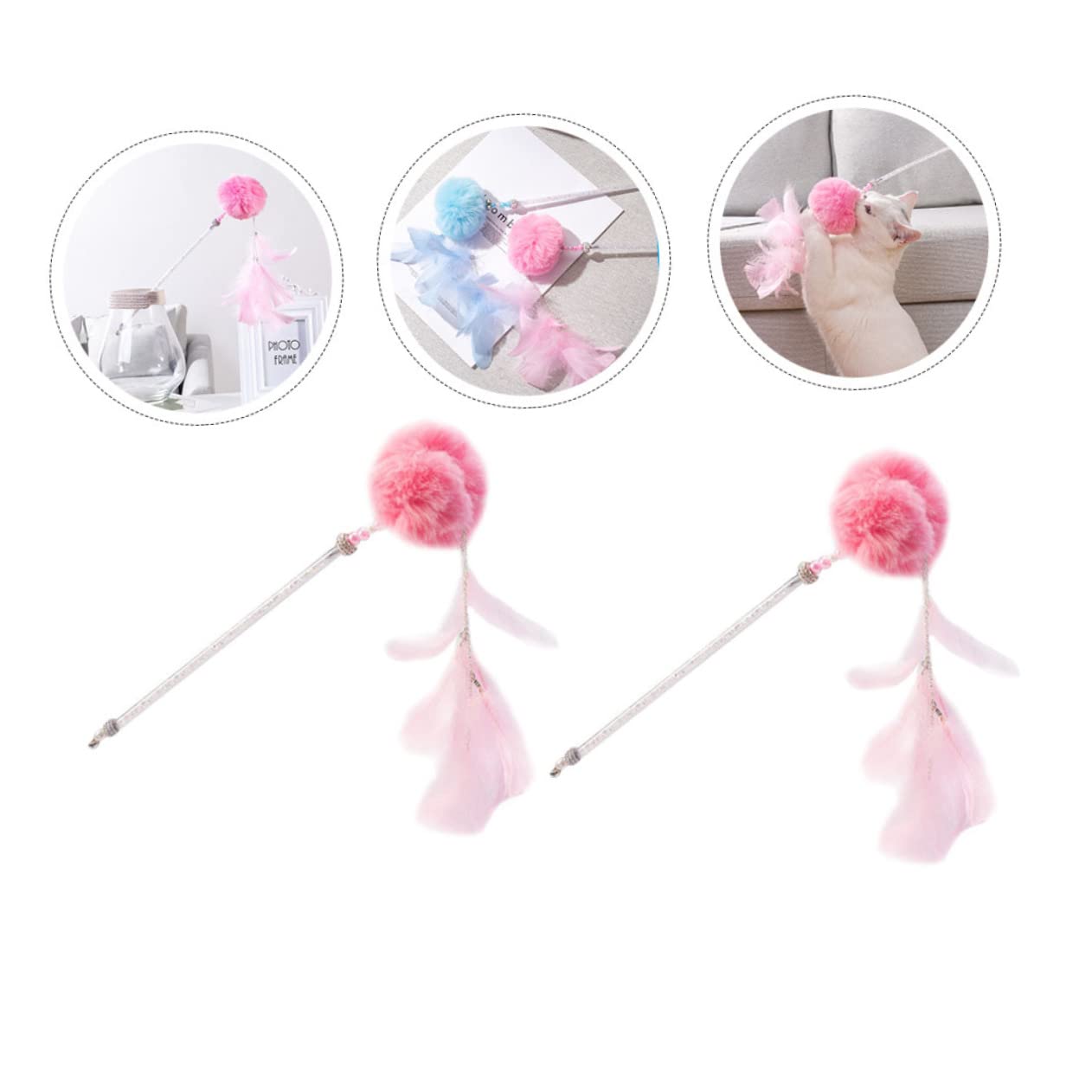 POPETPOP 6pièces Bâtons à Jouer pour Chat avec Pompons Kit De Jouets Interactifs Rose pour Attention Réflexes des Félins
