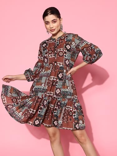 Image of YUFTA Rust Digital Print Fit and Flare Tiered Dress (1163DRSRT )
