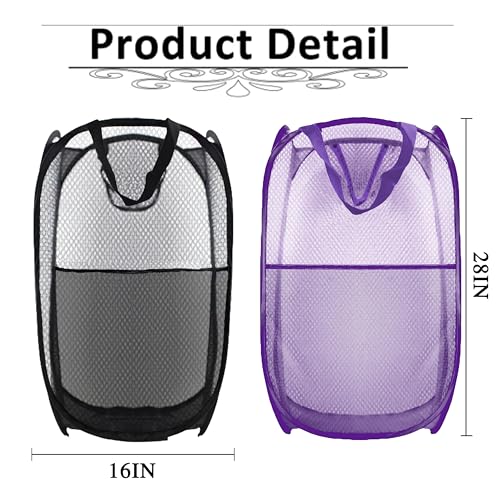 Image of Collapsible Pop Up Laundry Hamper, Extra Large Mesh Foldable Laundry Basket Bag, 28 inch x 16 inch x 16 inch, 2 Pack (Black + Purple)