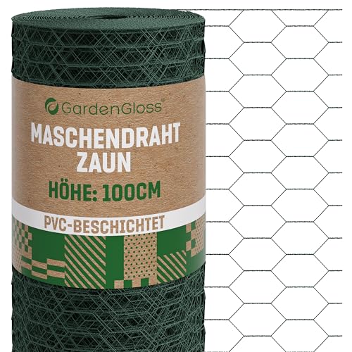 GardenGloss Maschendrahtzaun 100cm Höhe - PVC-Beschichtet Sechseckgeflecht Grobmaschig 25mm x 45mm - Hasendraht Kaninchendraht Kükendraht Zaun Hasenzaun Drahtzaun Kleintierzaun - 100cm Hoch 10m Lang