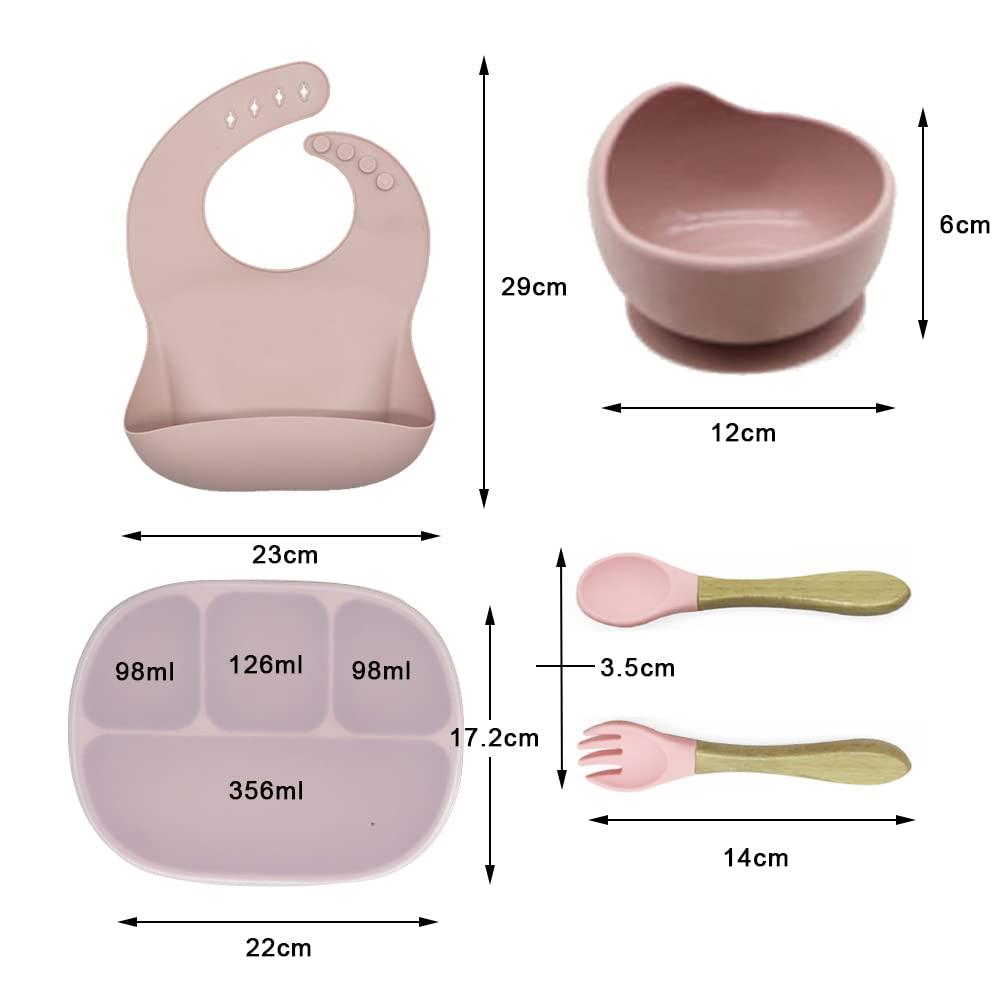 Juego de Vajilla Infantil para Bebe-ROSPRETTY Baras Vajilla Bebe de Silicona y Ventosa con Plato, Tenedor y Cuchara Tazón de silicona Babero silicona bebe Compartimento Aprendizaje, Sin BPA