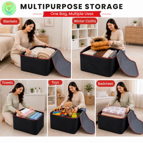 Image of Storage Bags for Blanket, Clothes, Toys and Bed Sheet Cover Bag - Underbed Large Size Black Cover Bags (Pack of 20, 54 x 46 x 28 cm)