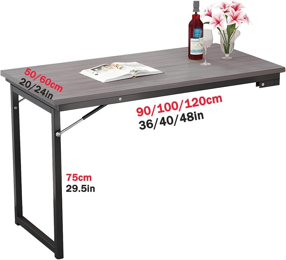 40" x 20" Wall Mounted Folding Desk Laundry Folding Table, Flip-up Dining Table Wood Drop-Leaf Desk with Support Legs, Fold Down Floating Desk for Small Spaces(Black Leg,90x50cm(36x20in))