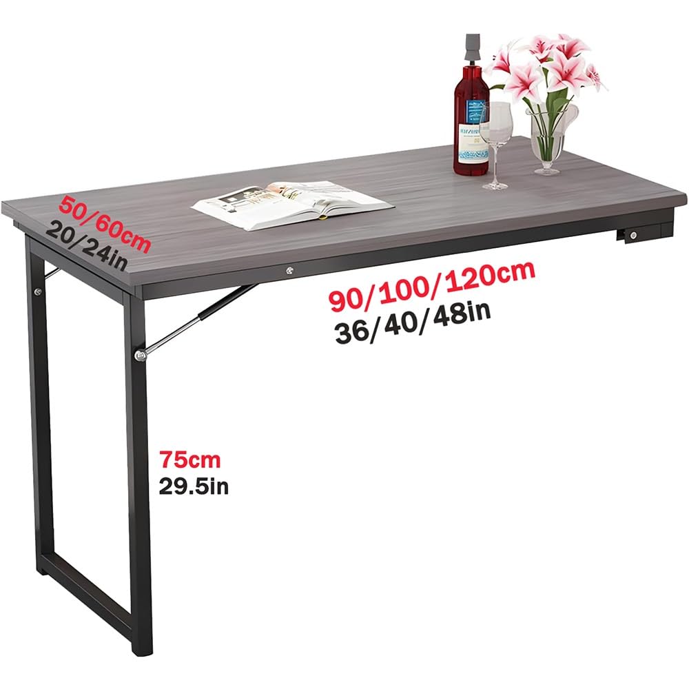 Składane biurko montowane na ścianie 101.6 cm x 50.8 cm – oszczędność miejsca, rozkładany stół jadalny, konstrukcja z drewna z podpórkami, idealne do małych pomieszczeń (białe, 100 x 50 cm)