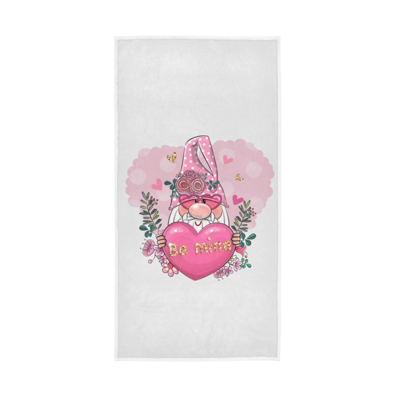 LSRCPD Valentine Be Mine Pink Gnome with Pink Heart, Flowers and Green Leaves Soft Hand Bath Towel 30" x 15" Thin Fast Drying Absorbent Soft Towels for Kitchen Gym Spa Hotel Beach