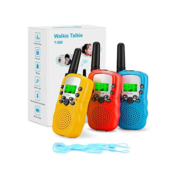 Fansteck 3-delige walkietalkies voor kinderen, draadloze set met zaklamp, 8 kanalen, 3 km bereik met touwen, speelgoed…