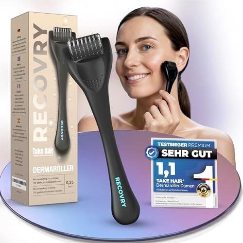 RECOVRY Dermaroller 0,5 mm – 192 echte Nadeln aus chirurgischem Edelstahl, Porenverfeinerung & Anti-Aging – Microneedling Roller Gesicht für zuhause, Narbenroller, Micro Needling, Derma Roller