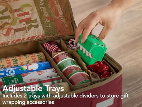 Covermates Keepsakes Gift Wrap Organizer - Holds up to 25 Rolls - Heavy Duty - Accessory Trays with Adjustable Compartments - Mesh Pocket - Holiday Storage, Red