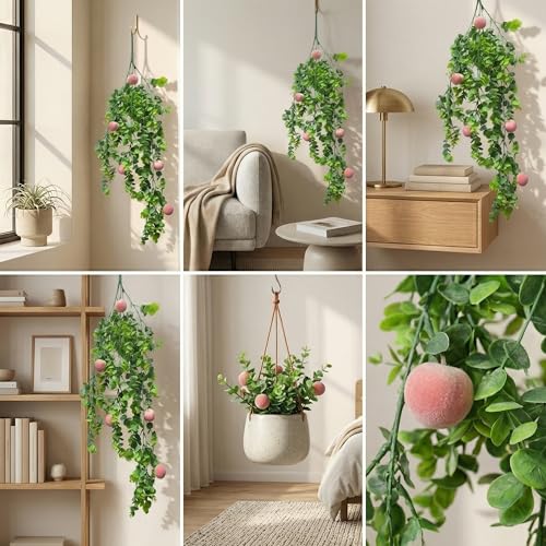 Image of Dekorly 2 Pack Artificial Plants Artificial Hanging Plants Faux Eucalyptus Leaf Greenery Fake Hanging Eucalyptus Plant (Green) (2, Peach Vine)