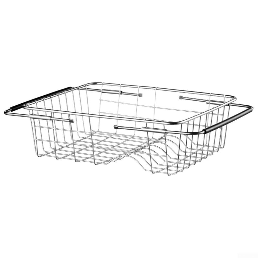 Cesta telescópica de acero inoxidable para fregadero con drenaje de malla y ranuras organizadoras para un secado eficiente (D)