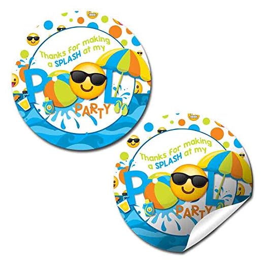 Emoji Pool Party Thank You Sticker Labels for Boys, 40 2" Party Circle Stickers by AmandaCreation, Great for Party Favors, Envelope Seals & Goodie Bags