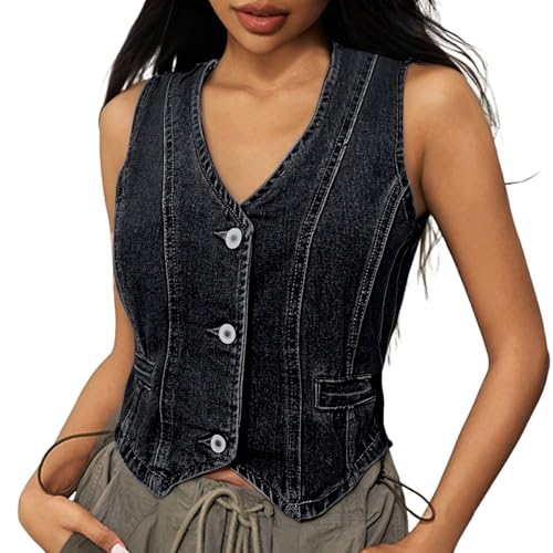 Débardeur court en jean délavé pour femme veste sans manches