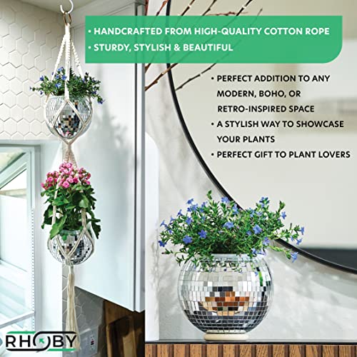 Rhoby 6" Disco Ball Planter With Drainage Hole & Plug (2 Pcs) - Self Watering Disco Planter With Macrame Plant Hanger - Unique & Eye-Catching Hanging Disco Ball Planter Set - (Silver) #TOP1