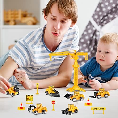 Xinzistar 26pcs Construction Digger Cake Toppers Dump Truck Excavator Tractor Cake Decoration with 10 Road Toy Sign 2 Sheet Construction Vehicle Stickers Car Birthday Cake Decorations for Boy Kids