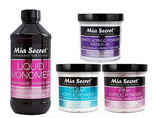 MIA SECRET 8 oz LIQUID MONOMER + Three Acrylic Powders in 4 oz Clear, Pink & White -Made in USA