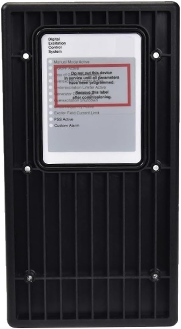 Back view of the DECS-150 Automatic Voltage Regulator, showing mounting holes and a label with warnings.