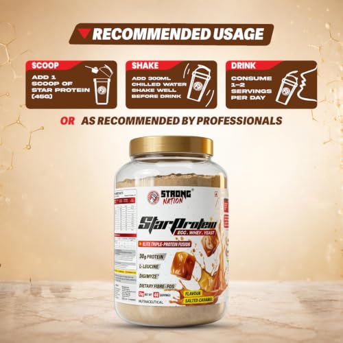 Image of STRONG NATION Star Protien Elite Triple Fusion, Egg, Whey & Yeast Blend | 30g Protien Per Scoop | 2kg (Salted Caramel)
