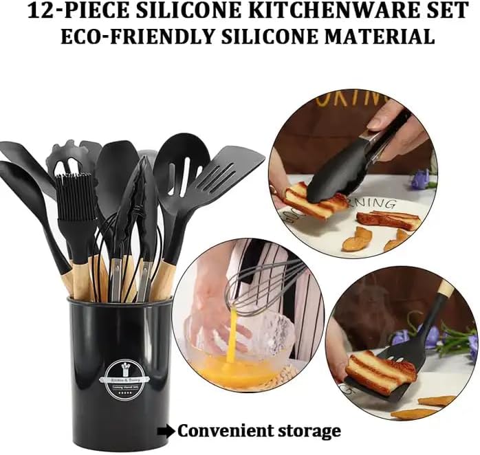 Miniatura 6 de KVIR - Juego de utensilios de cocina de silicona de 12 piezas, apto para cocina y resistente al calor, incluye espátula, pinzas, cucharón, cepillo,