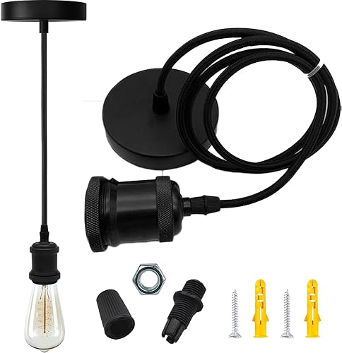 Kit de lámpara colgante industrial vintage con soporte para lámpara E27, cable de tela, rosa de techo y cable colgante en estilo retro moderno negro
