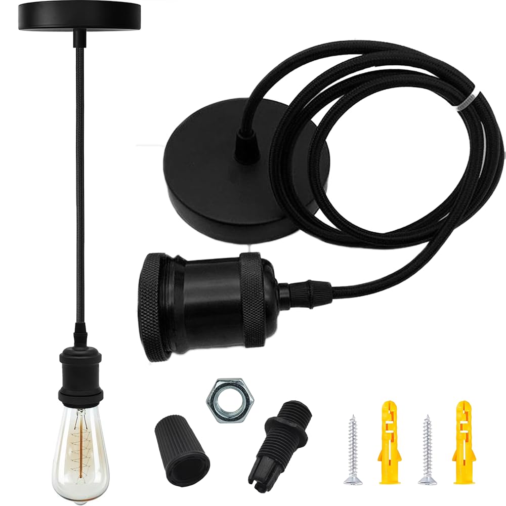 Vintage Industrial Pendant Light Kit with E27 Lamp Holder, Fabric Cable, Ceiling Rose and Hanging Cord in Retro Modern Style Matte Black