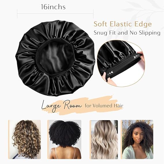 Image of Satin Bonnet for Hair, Adjustable Silky Hair Cap for Sleeping, Bonnet for Curly Hair with Soft Jersey Fabric Band, Stylish and Comfy Satin Hair Bonnet For Men and Women (Black)