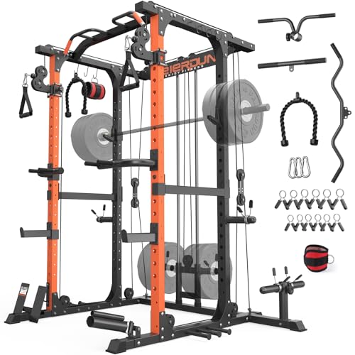 FEIERDUN FLA01 Power Cage Multi Function Squat Rack with Cable Crossover System,2000LBS Capacity with LAT Pulldown,10-in-1 Home Gym