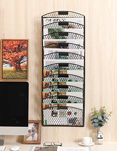 Easypag 10 Tier Wall File Holder Hanging Mail Organizer Metal Chicken Wire Wall Mounted Document Magazine Rack For Home And Office,Black #TOP2