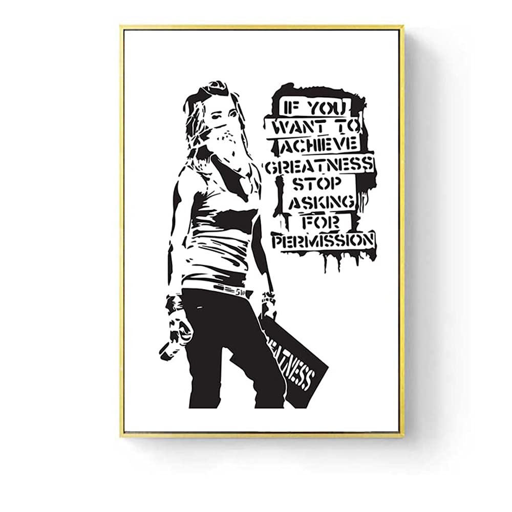 Tableau Banksy style street art noir et blanc pour décorer un salon moderne
