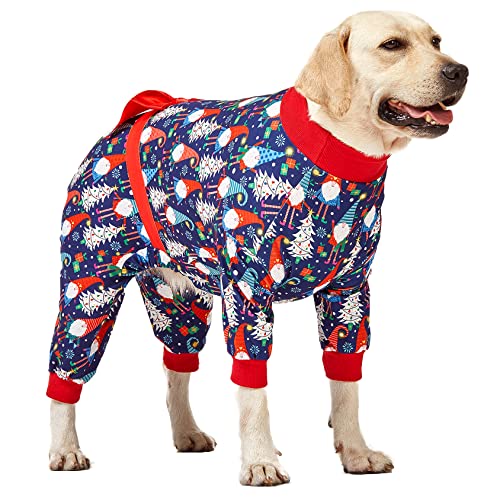 LovinPet Christmas Pajamas for Large Dogs - Long Sleeve Holiday Costume, Lightweight Pullover, A Gnome to FA La in Navy, Pitbull Clothes, Onsie, Xmas Outfit XXL