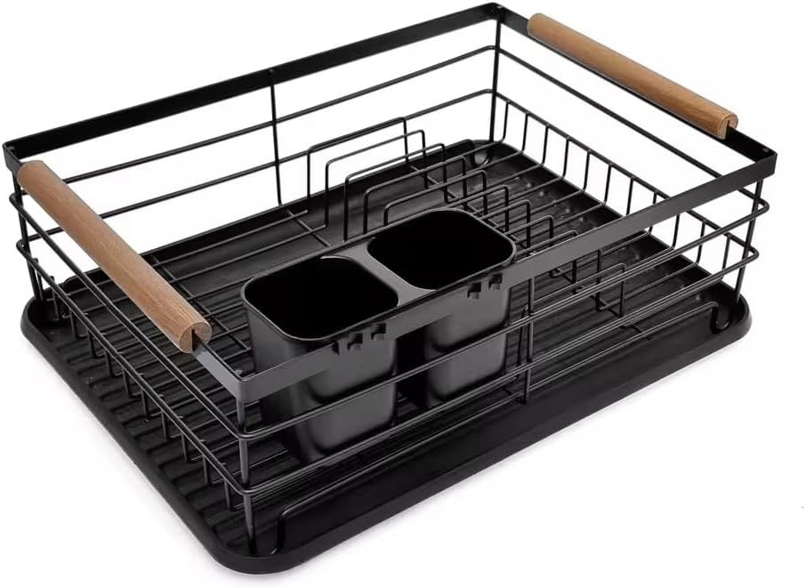 Black Metal Dish Rack with Wooden Handles, Draining Tray, Utensil Holder, and Plate Organizer