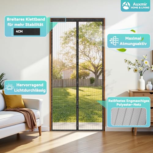 Auxmir Fliegengitter Balkontür Magnet 100x220cm, Prime Insektenschutz Balkontür, Extra Stärkere Magnete Fliegengitter Tür, Verdickt Magnetvorhang ohne Bohren für Balkon Kellertür Terrassentür, Schwarz