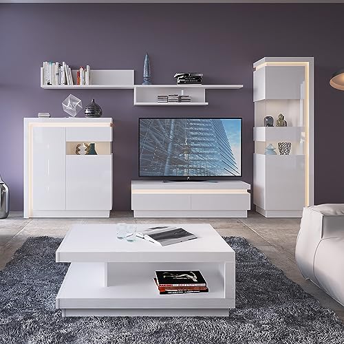 Lomadox Moderne Anbauwand mit Couchtisch in weiß Hochglanz, inkl. Beleuchtung (Highboard, Vitrine, TV-Lowboard 2 Wandboard, Couchtisch) Lomadox Moderne Anbauwand mit Couchtisch in weiß Hochglanz, inkl. Beleuchtung (Highboard, Vitrine, TV-Lowboard 2 Wandboard, Couchtisch)