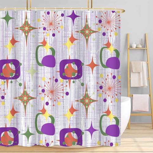 Mid Century Shower Curtain, Retro Purple Striped Geometric, 72x72inch