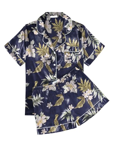 Image of Ekouaer Womens Silk Satin Pajama Sets Summer Short Sleeve Button Down Sleepwear Top and Shorts 2 Piece Pjs Lounge Set,Floral Navy White,L