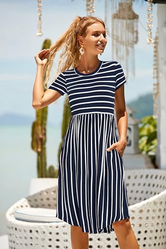 Image of Simier Fariry Womens Summer Modest Work Casual Midi Knee Dress Pocket Short Sleeve Teacher Outfits Spring Travel Clothes