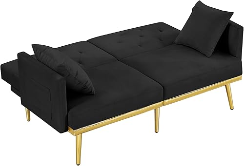 Miniatura 4 de Moderno sofá biplaza de terciopelo de 59 pulgadas con 2 bolsillos, sofá cama convertible tapizado con respaldo múltiple ajustable, sofá futón con