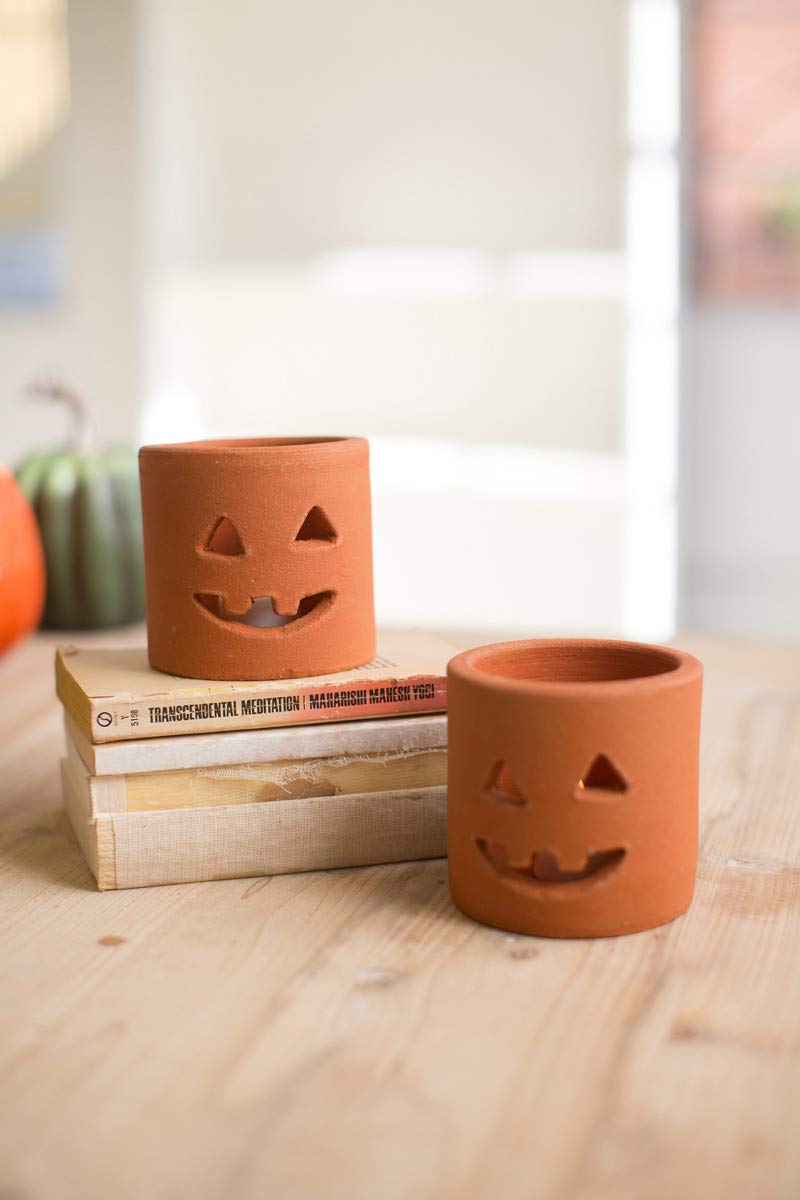 Clay Jack OLantern Candle Holder Hurricane Set 6 Votive Halloween Pumpkin Orange