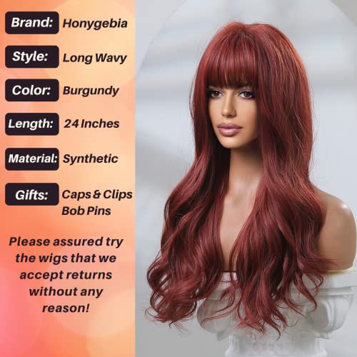 Honygebia Dark Red Wig With Bangs - Burgundy Wigs For Women, Wine Red Long Straight Layered Realistic Hair, Natural Synthetic Heat Resistant Wigs For Thanksgiving/Christmas/Cosplay/Party #TOP2