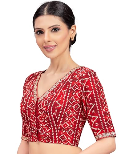 Image of Studio Shringaar Women's Cotton Bandhni Printed & Embroidered Saree Blouse With Elbow Length Sleeves