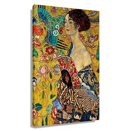 Gustav Klimt Dame avec éventail Peinture Affiche sur Toile Imprime Art Mural Image Tableau Toile Decoration 30X50 sans Cadre