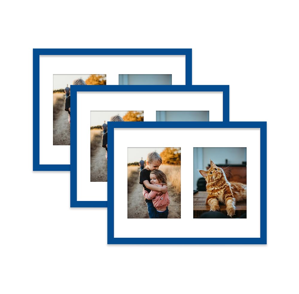 Blue Multi Photo Frame - Holds 2 x 8x6 Pictures, Family Collage Picture Frame for Wall Display, 16x12 Frame size, Set of 3