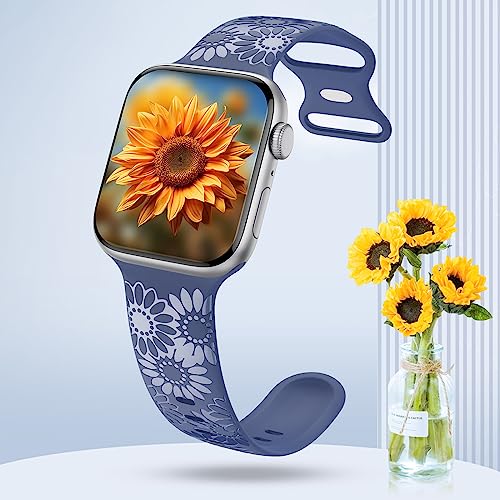 Image of Sunflower Engraved Band Compatible with Apple Watch Bands 38mm 40mm 41mm 42mm 44mm 45mm 49mm Women, Designer Soft Glossy Floral Silicone Strap for iWatch Series Ultra 11 10 9 8 7 6 SE 5 4 3 2 1