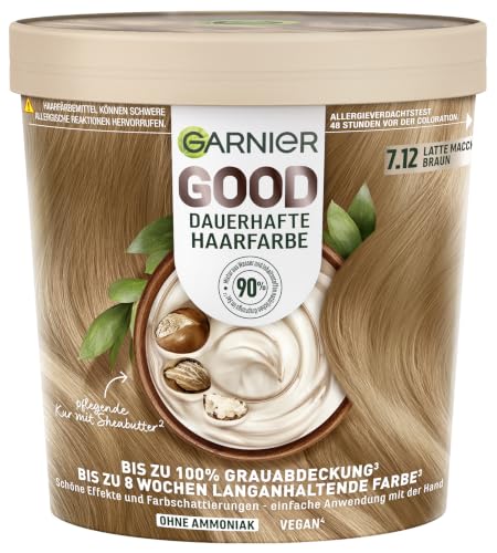 Garnier GOOD Dauerhafte Haarfarbe 7.12 Latte Macchiato Braun permanente Coloration ohne Ammoniak bis zu 100% Grauabdeckung langanhaltende Farbe einfache Anwendung angenehmer Duft 1 Stk.