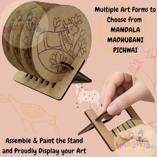 Image of ImagiVibe 3-in-1 Premium Coaster Painting Kit for Kids & Adults | DIY Mandala, Madhubani & Pichwai Art | 6 Pre-Marked Wooden 4 Inch MDF Coasters with Stand | Creative Art & Craft Activity | Gift (Acrylic Paint)