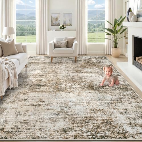 XLUEZ 8x10 Area Rugs for Living Room, Washable Modern Abstract Large Area Rug Neutral Soft Non Slip Kids Rug Stain Resistant Indoor Carpet for Bedroom Nursery Dining Room Playroom(Brown, 8'x10')